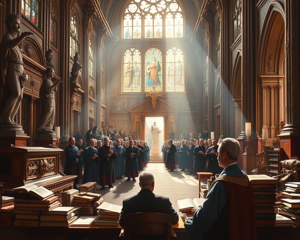 An oil painting of a grand cathedral's interior, sunlight streaming through stained glass windows, illuminating ornate altars and intricate statues. In the foreground, a scholar sits, surrounded by ancient tomes, deep in contemplation. Behind him, a procession of robed figures, representing the historical defenders of the faith, processional crosses and banners held high. In the distance, through the cathedral's arched doorways, a montage of iconic moments in Christian apologetics unfolds - debates, sermons, and scholarly works from throughout the ages. The overall mood is one of reverence, erudition, and the weight of a profound legacy.