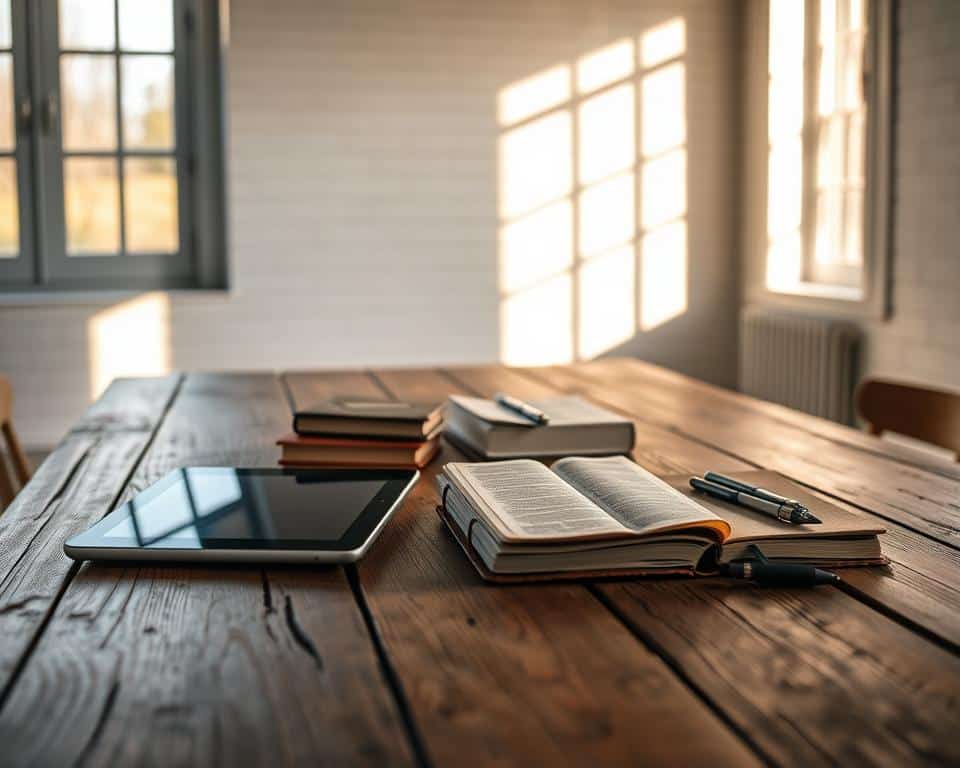 Discipleship resources lay neatly arranged on a weathered wooden table, bathed in warm natural light filtering through large windows. A modern tablet, a well-worn leather-bound Bible, and a handful of journals and pens create a contemplative scene. In the background, a minimalist whitewashed wall provides a clean backdrop, while the soft shadows and highlights add depth and dimension. The overall atmosphere evokes a sense of thoughtful study and spiritual growth, capturing the essence of using technology to enhance the timeless practice of Christian discipleship.