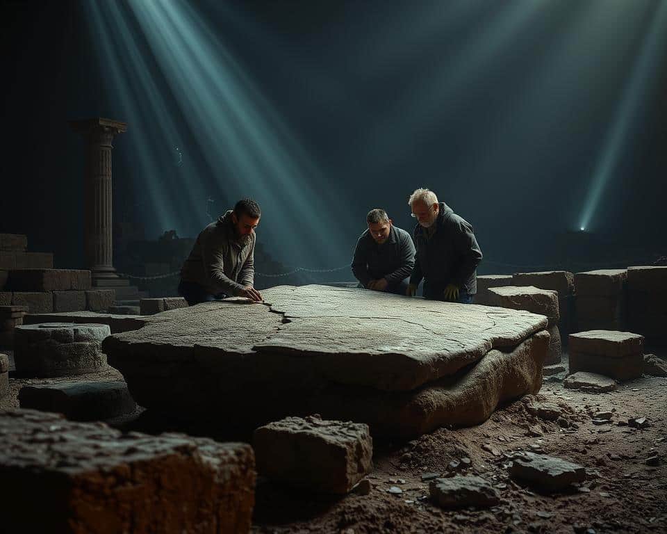 Hyper-realistic professional photograph of a dimly lit archaeological site, with ancient stone ruins and crumbling columns in the foreground. In the middle ground, a team of archaeologists meticulously examining a weathered, partially uncovered stone slab, their expressions focused and reverent. The background is shrouded in a moody, atmospheric haze, hinting at the passage of time and the weight of history. Beams of soft, directional lighting illuminate the scene, casting dramatic shadows and highlighting the textures of the ancient artifacts. The overall mood is one of solemn discovery, as if the viewers are witnessing a momentous unveiling of historical evidence.