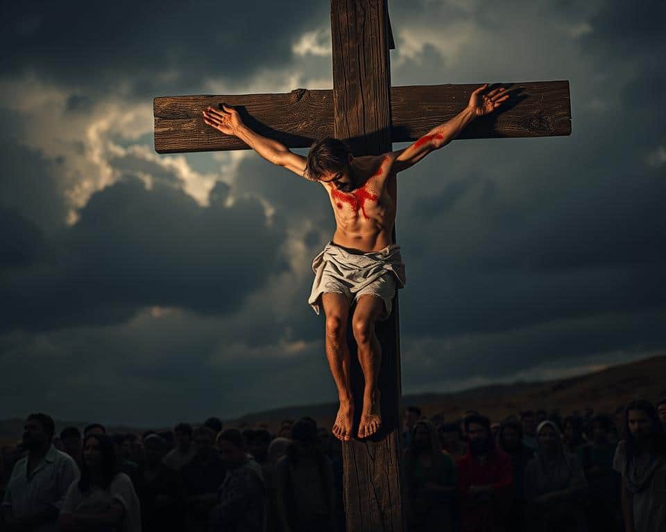 Hyper-realistic professional photography of a crucifixion scene set against a muted backdrop. In the foreground, the weathered and bloodied body of a man hangs from a large wooden cross, illuminated by dramatic chiaroscuro lighting that casts deep shadows. The middle ground features a crowded scene of onlookers, their expressions a mix of sorrow, horror, and awe. In the distant background, a gloomy sky with ominous clouds adds to the somber and eerie atmosphere. The scene conveys the gravity and profound significance of this historical event.
