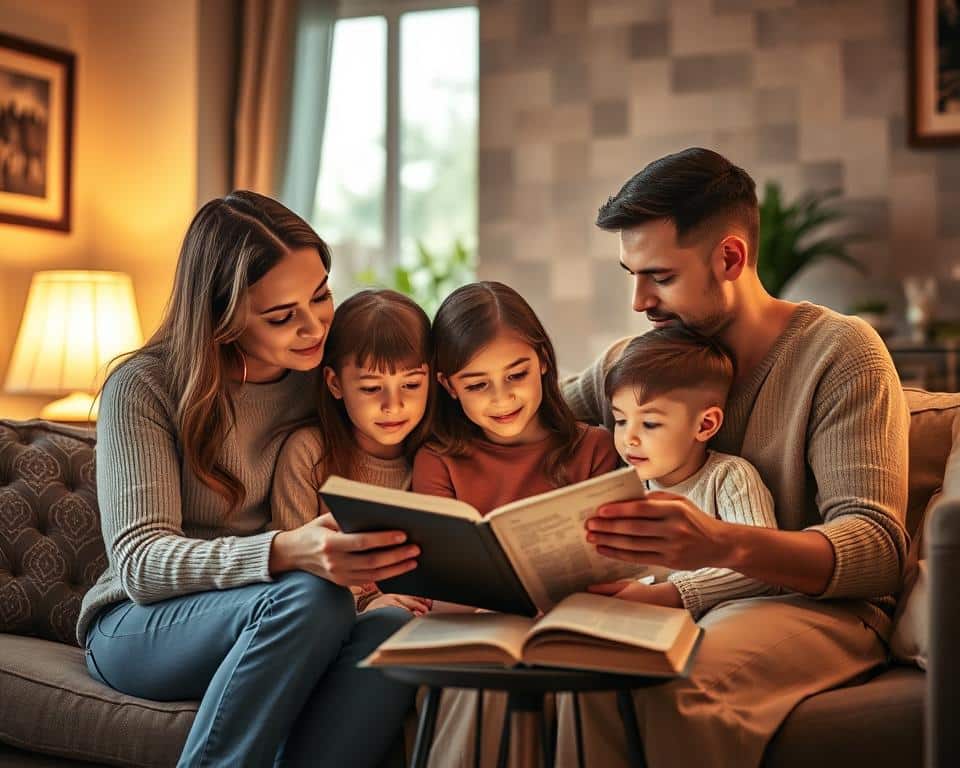 Hyper-realistic professional photography of a family sitting together in a cozy living room, reading the Bible and discussing its teachings. Warm, soft lighting illuminates their faces, conveying a sense of intimacy and devotion. The parents gently guide their children, engaged in a meaningful dialogue. The scene exudes a palpable atmosphere of love, guidance, and spiritual nurturing. The composition emphasizes the central role of family discipleship, with the family members positioned prominently in the foreground, surrounded by a comforting, home-like environment in the background.