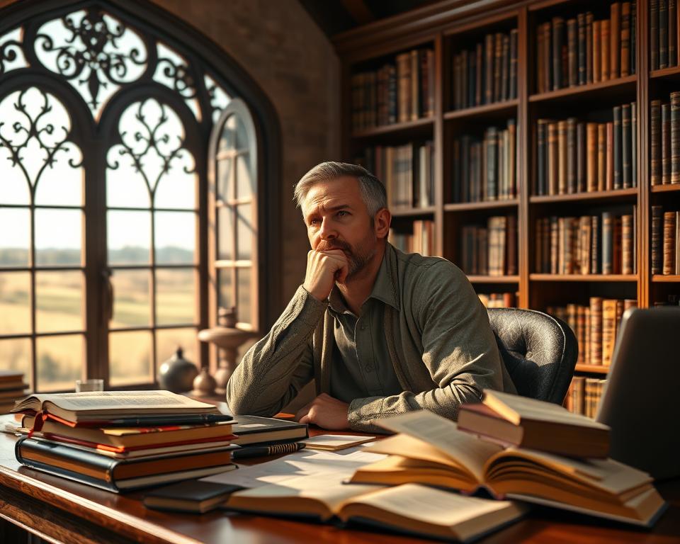 Hyper-realistic professional photography of a pensive theologian, seated at a desk, surrounded by an array of open books, manuscripts, and a laptop computer. The scene is bathed in warm, focused lighting, casting subtle shadows that accentuate the intellectual contemplation on the scholar's face. In the background, a bookshelf filled with theological tomes and a large, ornate window that offers a glimpse of a tranquil, pastoral landscape, symbolizing the intersection of faith and reason. The overall atmosphere conveys a sense of thoughtful inquiry and the pursuit of truth, reflecting the need for effective apologetic strategies in defending the Christian faith.