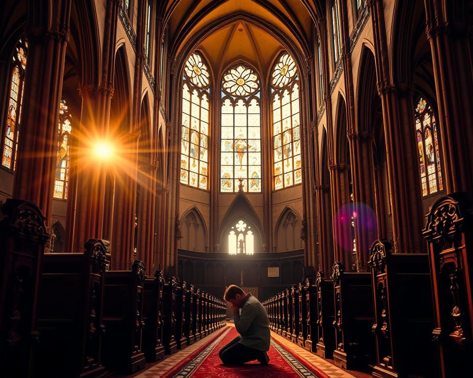 Hyper-realistic professional photography of a serene cathedral interior bathed in warm, golden light streaming through stained glass windows. In the foreground, a single devout worshipper kneels in prayer, their face cast in reverent expression. The middle ground features ornate wooden pews and intricate architectural details, evoking a sense of timeless spiritual tradition. The background showcases the grand, soaring vaulted ceiling, symbolizing the vastness and transcendence of Christian faith. The overall atmosphere is one of profound reverence, tranquility, and the tangible presence of the divine.