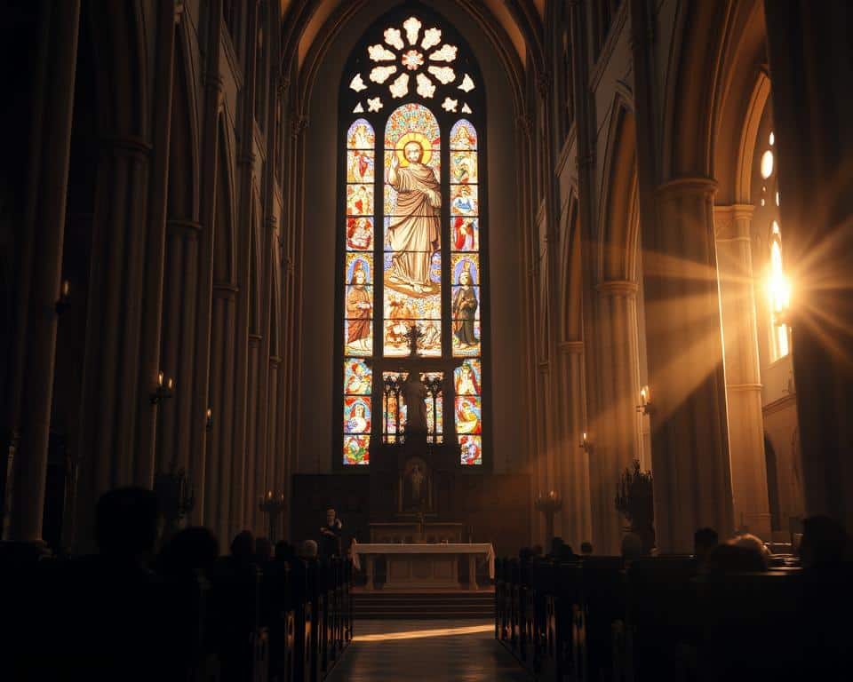 Hyper-realistic professional photography of a serene, dimly lit cathedral interior. The focal point is a towering stained-glass window depicting a radiant Jesus Christ, his hands extended in blessing. The ornate altar and pews are bathed in a warm, golden light, creating an atmosphere of reverence and contemplation. In the background, intricate stone arches and columns recede into the shadows, suggesting the grandeur and historical significance of Christian theology. The scene conveys a sense of timeless spirituality and the profound mysteries at the heart of the Christian faith.