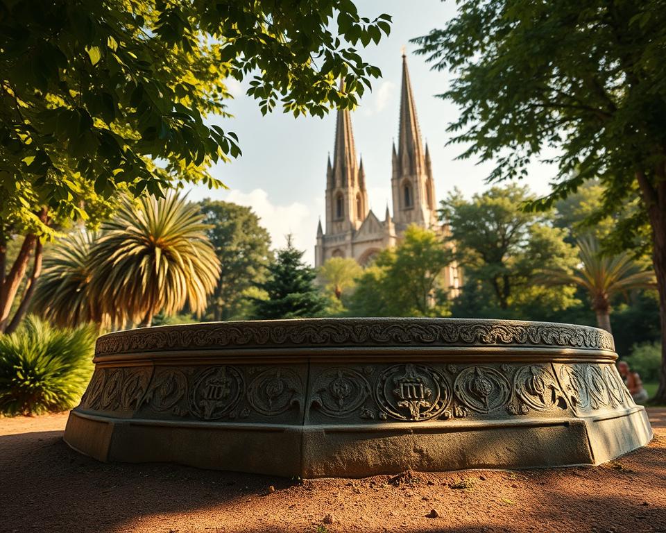 Hyper-realistic professional photography of a solid stone foundation, grounded in the earth, with intricate carvings and designs etched into the surface. The foundation is surrounded by a lush, verdant garden, with sunlight filtering through the leaves and casting warm, golden hues across the scene. In the background, a majestic cathedral stands tall, its towering spires reaching towards the heavens, symbolizing the strength and endurance of the Christian faith. The overall atmosphere is one of reverence, stability, and timeless wisdom, conveying the idea of a strong, unwavering foundation for Christian apologetics.