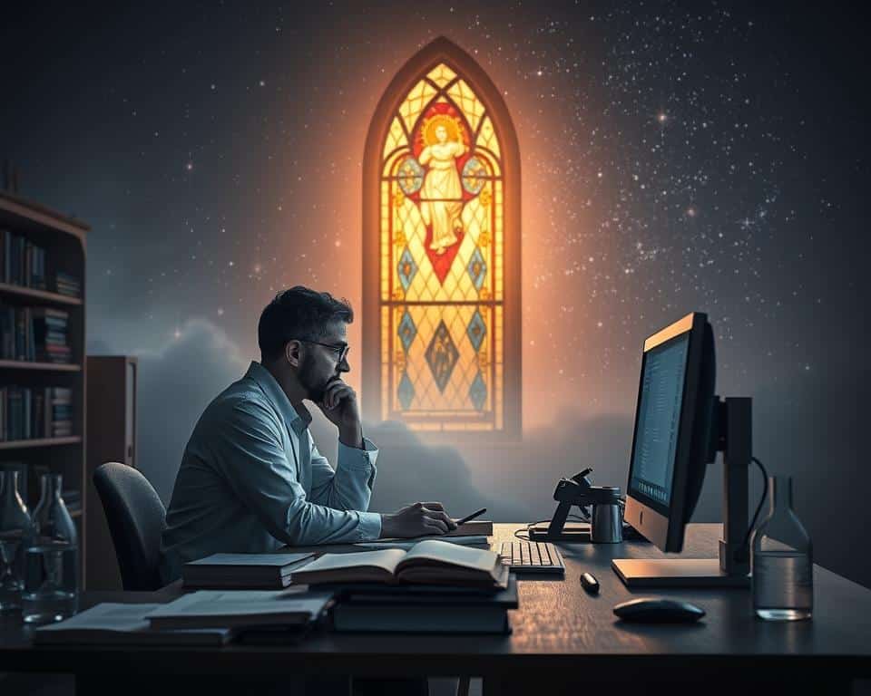 Hyper-realistic professional photography of a tranquil, contemplative scene depicting the intersection of science and Christianity. In the foreground, a scientist sits at a desk, deep in thought, surrounded by books, scientific instruments, and a glowing computer screen. In the middle ground, a stained-glass window casts a warm, ethereal light, symbolizing the spiritual realm. The background features a vast, starry sky, hinting at the grandeur of the universe and the divine. The lighting is soft and diffused, creating a serene and introspective atmosphere, inviting the viewer to ponder the harmony between scientific inquiry and religious faith.