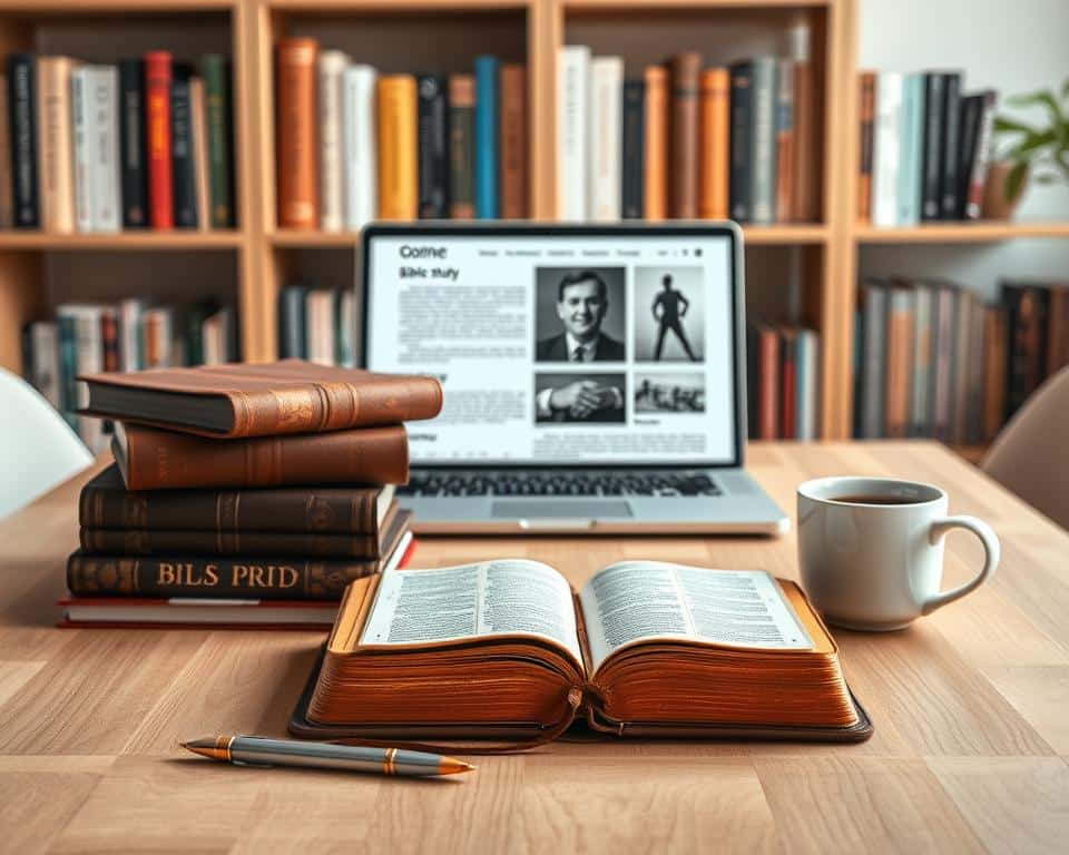 Hyper-realistic professional photography of a variety of Christian discipleship resources artfully arranged on a minimalist wooden table. In the foreground, a stack of leather-bound Bibles, a journal, and a pen. In the middle, a laptop displaying online Bible study materials, alongside a cup of coffee. In the background, a bookshelf with titles on spiritual growth, theology, and church history. Soft, warm lighting casts a cozy, contemplative ambiance, inviting the viewer to engage with these tools for modern Christian discipleship.
