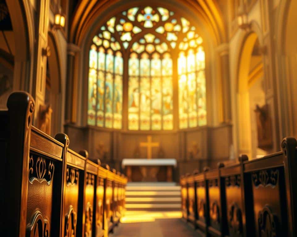 Hyper-realistic professional photography of a warm, inviting church interior with a grand stained-glass window as the focal point. Soft, golden light filters in, casting a serene and contemplative atmosphere. In the foreground, a carved wooden pew, its intricate details meticulously captured. The middle ground features a simple but elegant altar, adorned with a large cross, symbolizing the central tenet of Christian faith. The background showcases the ornate, architectural elements of the church, hinting at the rich heritage and tradition of Christianity. The overall composition conveys a sense of spiritual contemplation and the moral foundations that underpin the Christian worldview.