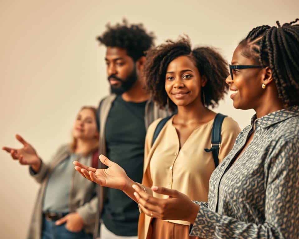 Hyper-realistic professional photography of three diverse individuals, representing the intertwined relationship between evangelism and discipleship. In the foreground, a person engaging in earnest discussion, hands outstretched in a gesture of sharing the gospel. In the middle ground, another person listening intently, their face illuminated with a sense of understanding and growth. In the background, a third individual walking alongside the first two, symbolizing the process of discipleship and the passing on of knowledge. Warm, inviting lighting creates a sense of connection and community, while the depth of field and clean, minimalist composition draw the viewer's focus to the central themes of evangelism and discipleship.