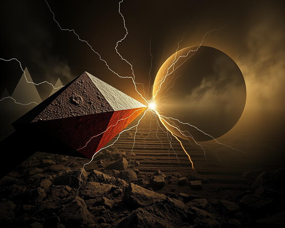 Hyper-realistic professional photography of two opposing forces in intense conflict, represented by abstract shapes and geometric patterns. In the foreground, a sharp, angular shape clashes with a rounded, organic form, their collision creating an electric tension. The middle ground features a field of intersecting lines and planes, suggesting a clash of ideologies or worldviews. The background is shrouded in a mysterious, chiaroscuro-like lighting, hinting at the historical and philosophical depths of the "Conflict Thesis" concept. The overall composition conveys a sense of dynamic struggle, inviting the viewer to contemplate the complex relationship between science and belief.