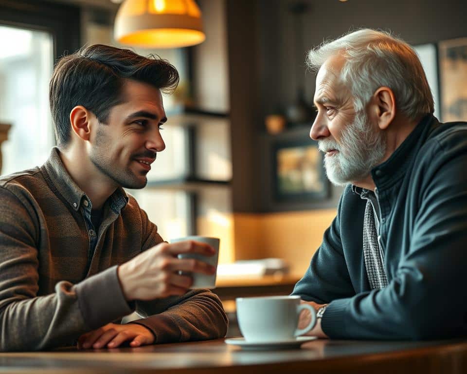 Hyper-realistic professional photography of two people engaged in deep, thoughtful discussion over a cup of coffee. A young man mentoring an older man, their faces illuminated by warm natural light filtering through a window. The mentor's expression is calm and encouraging, while the mentee's face is intent, reflecting their earnest desire to learn. The setting is a cozy, inviting café, with the background blurred to focus the viewer's attention on the engaging interaction between the two individuals, symbolizing the meaningful exchange of wisdom and guidance.