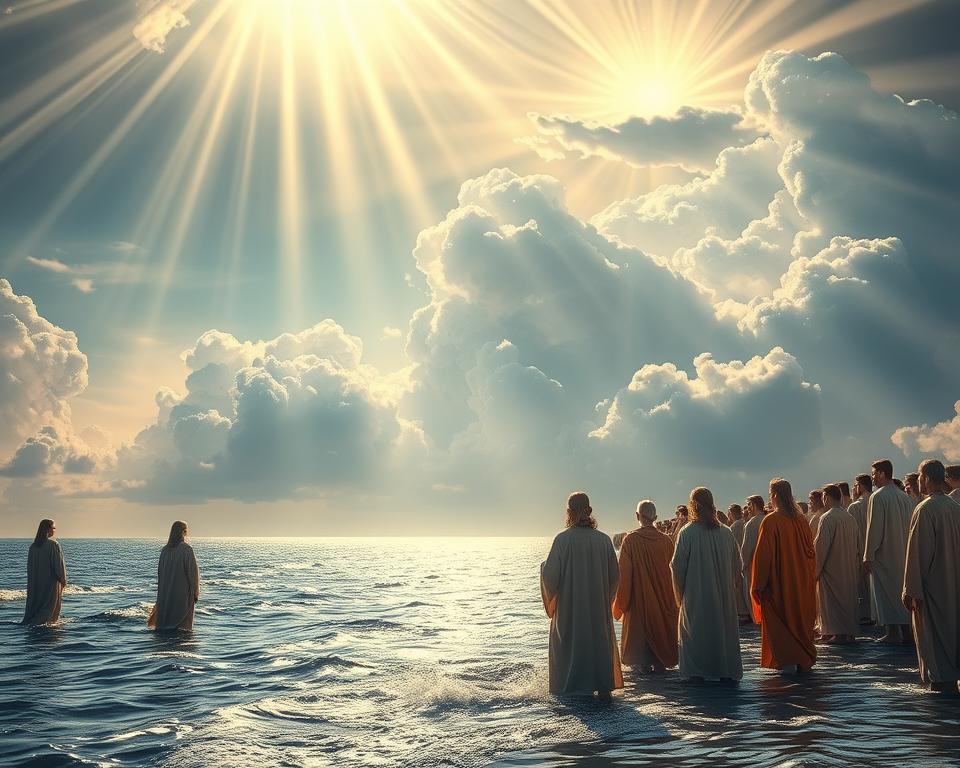 Majestic biblical miracles unfold in a grand, ethereal realm. In the foreground, beams of celestial light descend upon a tranquil sea, where the parting of the waters reveals a miraculous path. Figures in flowing robes stand in awe, witnessing the divine power at work. The middle ground depicts miraculous healings, as the lame walk and the blind see, their faces etched with wonder. In the distant background, towering clouds part to reveal a heavenly choir, their celestial song echoing the profound mystery of these sacred events. Captured with the precision of hyper-realistic professional photography, this image evokes the timeless grandeur and wonder of biblical miracles.