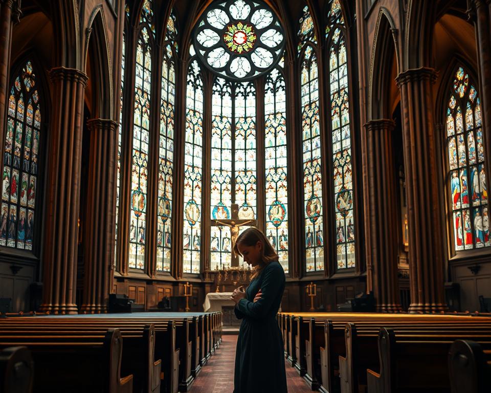 Majestic stained glass cathedral interior, soft natural lighting filtering through intricate patterns, casting warm hues onto the polished wooden pews. A central figure stands in contemplation, hands clasped, head bowed, their face in reverent meditation, embodying the essence of Christian faith. Surrounding them, subtle details come into focus - the ornate cross adorning the altar, the gentle flickering of candles, the serene atmosphere inviting introspection. A sense of timeless, tranquil spirituality pervades the scene, conveying the fundamental principles of understanding and embracing the Christian faith.