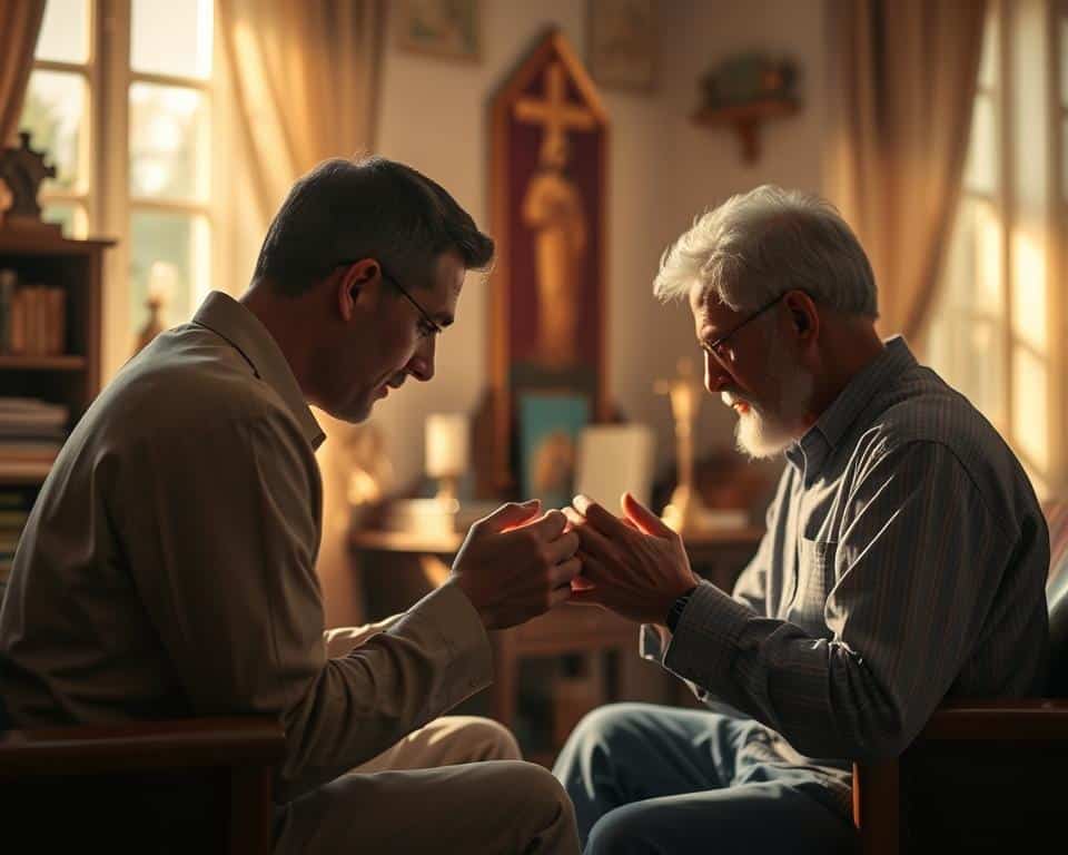 Prompt A warm, intimate scene of Christian mentorship unfolds. In the foreground, two figures sit together, their heads bowed in deep conversation, their hands clasped in a gesture of trust and guidance. Soft, golden light filters through a window, casting a reverent glow on the setting. In the middle ground, religious iconography and books suggest a sacred space for spiritual growth and reflection. The background is softly blurred, allowing the viewer to focus on the meaningful connection between the mentor and mentee. This hyper-realistic, professional-quality photograph captures the essence of Christian discipleship, where the wisdom and experience of the elder is shared with the younger, fostering a deeper understanding of faith.