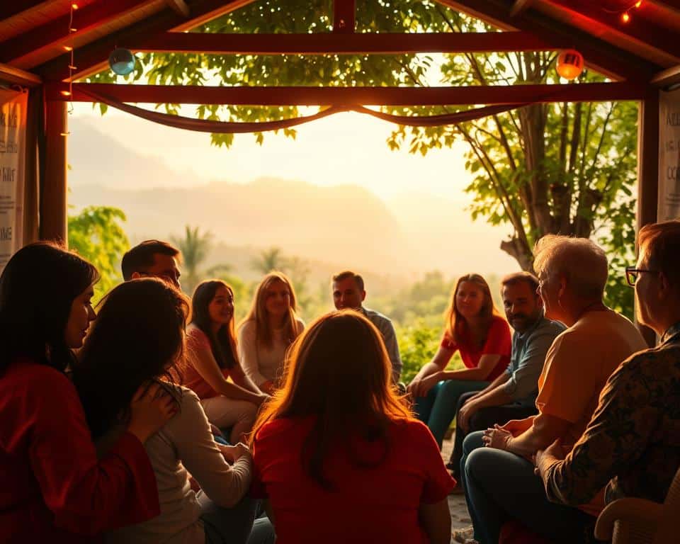 Warm, vibrant lighting bathes a cozy, intimate gathering of people in a serene, spiritual setting. In the foreground, a diverse group of individuals sit in a circle, their expressions reflecting a sense of community, understanding, and shared purpose. The middle ground reveals a tranquil, natural backdrop - lush greenery, soft-focus landscapes, and a calming, contemplative atmosphere. In the background, a hazy, ethereal glow emanates, symbolizing the presence of a higher power or the journey of spiritual growth. The entire scene conveys a profound sense of connection, support, and the transformative power of faith-based small group interactions.