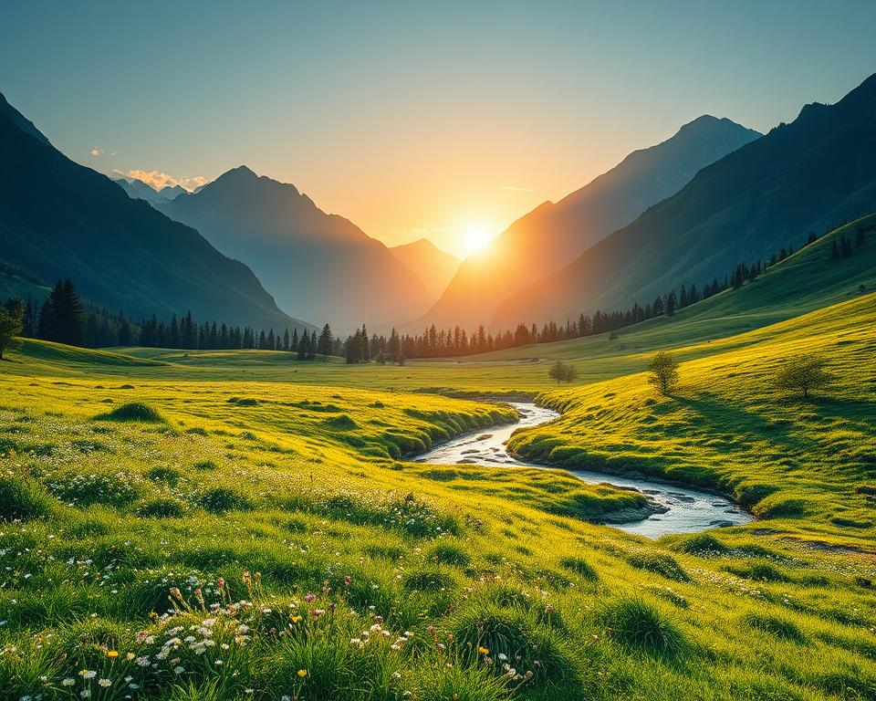 a hyper-realistic, professional-grade photograph of a serene natural landscape, showcasing the intricate interplay of light, shadow, and form that reflects the underlying laws of the physical world. The foreground depicts a lush, verdant meadow dotted with wildflowers, while the middle ground features a tranquil stream winding its way through the scene. In the background, a majestic mountain range rises, its peaks bathed in the warm glow of the setting sun. The overall composition conveys a sense of harmony and balance, suggesting the profound connection between the natural world and the divine principles that govern its creation.