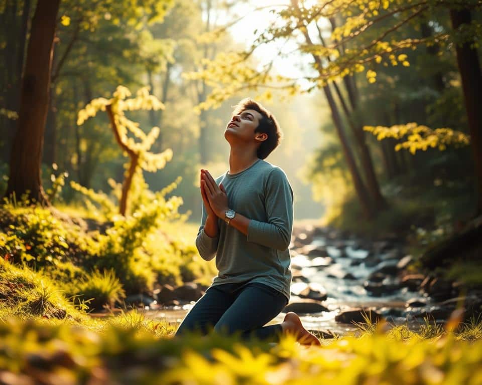 a hyper-realistic professional photograph of a serene, sun-dappled forest glade with lush greenery and a gentle stream flowing through it. In the foreground, a person kneels in a posture of reverence, their hands clasped in prayer as they gaze upwards with a peaceful expression. The warm, golden light bathes the scene, creating a sense of tranquility and spiritual connection. The composition draws the viewer's eye towards the central figure, inviting them to reflect on their own journey with Christ.