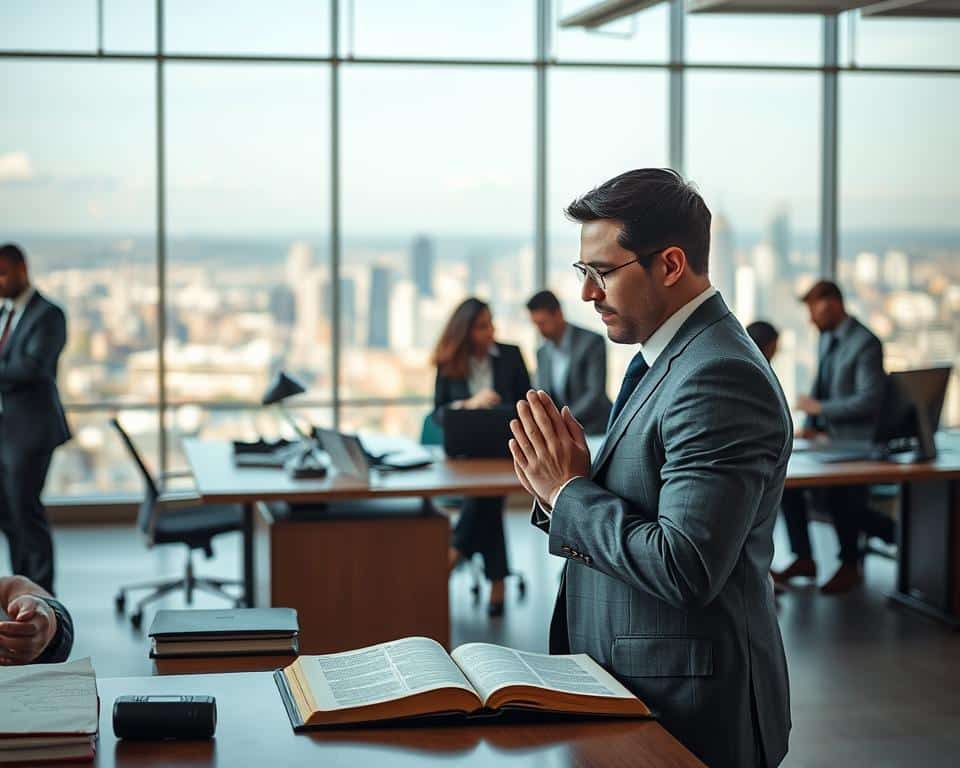 A bustling, modern office setting with a subtle biblical undertone. In the foreground, a businessman in a crisp suit kneels in prayer, his hands clasped before an open Bible on his desk. The middle ground features a diverse team of colleagues collaborating intently, their movements and expressions suggesting a shared sense of purpose and faith. The background showcases a panoramic view of a thriving cityscape, hinting at the broader impact of their work. Warm, natural lighting casts a tranquil glow, evoking a sense of divine providence guiding their endeavors. An ultra-realistic, 4K-detailed scene capturing the essence of biblical business principles in action.