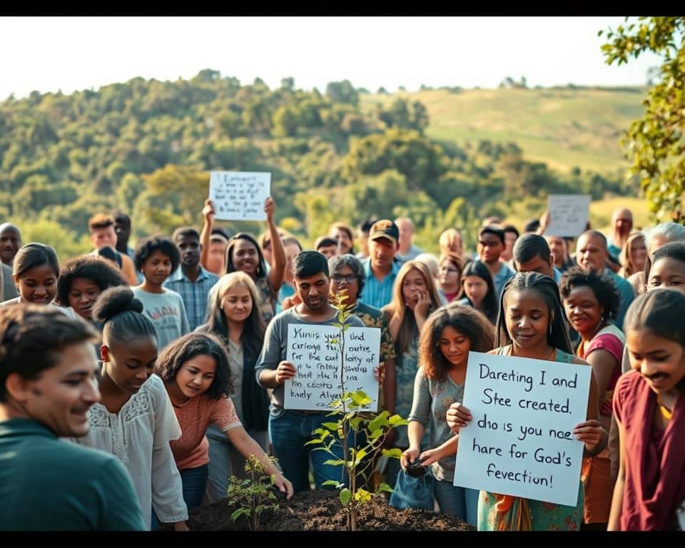 A bustling outdoor gathering of diverse faith community members, united in their commitment to environmental stewardship. In the foreground, a group of people of all ages and backgrounds participate in a tree-planting initiative, their faces alight with purpose. In the middle ground, others hold handmade signs highlighting scriptural passages about caring for God's creation. In the background, a lush, verdant landscape provides a serene backdrop, bathed in warm, natural lighting that casts a hopeful glow over the scene. The overall mood is one of collective action, spiritual conviction, and a profound sense of responsibility to preserve the planet.