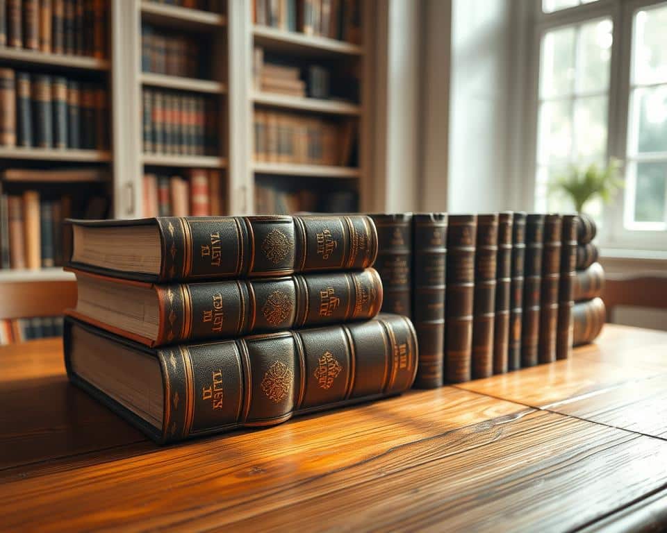 A collection of antique leather-bound books, their spines embossed with intricate gold lettering, sit atop a polished oak table. The books are bathed in soft, natural light filtering through a nearby window, casting gentle shadows that accentuate their timeless elegance. In the background, a bookshelf filled with similar volumes creates a sense of depth and scholarly atmosphere. The overall scene conveys a reverence for the wisdom and knowledge contained within these ancient tomes, inviting the viewer to explore the rich literary heritage of the Bible's wisdom literature.