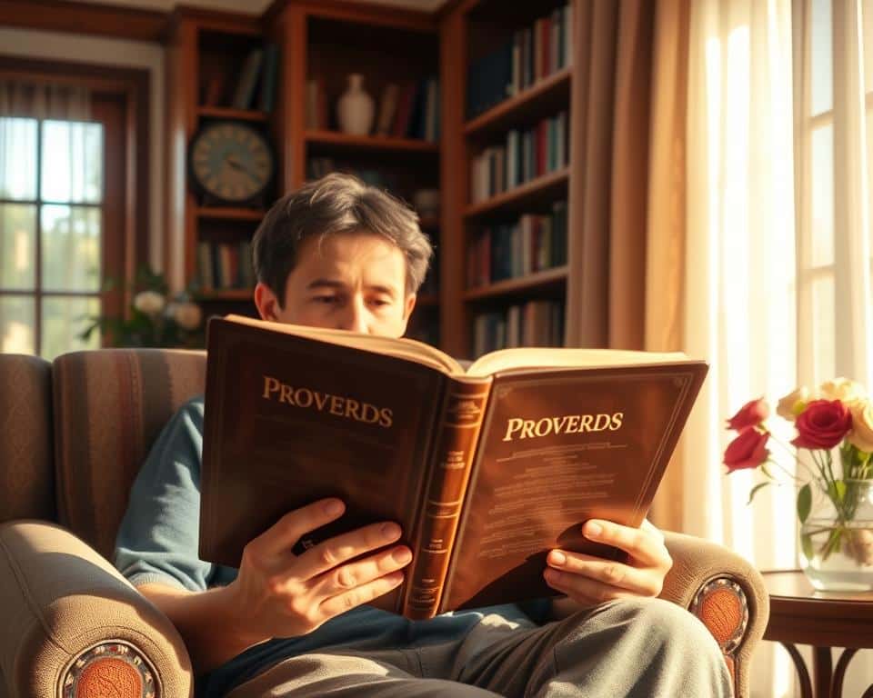 A cozy and serene scene of a person reading a well-worn leather-bound book titled "Proverbs" while sitting in a comfortable armchair by a sun-drenched window. Soft natural light filters through sheer curtains, casting a warm glow on the reader's face. The background showcases a simple yet elegant home library, with wooden bookshelves lining the walls and a vase of fresh flowers on a nearby table. The reader's expression is one of thoughtful contemplation, embodying the spirit of applying the practical wisdom found in the Proverbs to their Christian living.