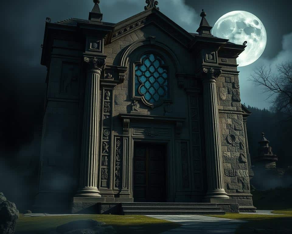 A dimly lit, gothic-style foundation structure standing tall, its weathered stone walls evoking an air of ancient wisdom and solemnity. Intricate carvings and reliefs adorn the facade, depicting symbolic motifs and arcane runes. The entrance is flanked by towering columns, their ornate capitals casting dramatic shadows across the ground. Moonlight filters through stained glass windows, casting an ethereal glow and lending an air of mysticism to the scene. The surrounding landscape is shrouded in mist, adding to the sense of the unknown and the foreboding. The overall atmosphere is one of reverence, mystery, and the profound power of ancient knowledge.