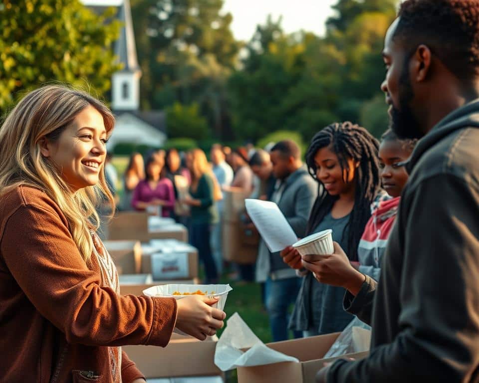 A diverse group of Christians engaged in acts of compassion and justice, gathered in a serene outdoor setting bathed in soft, natural lighting. In the foreground, a young woman hands a warm meal to a person in need, their expressions reflecting empathy and connection. Behind them, volunteers sort through donations and coordinate relief efforts. In the distance, a church steeple stands as a symbol of faith guiding their actions. The scene conveys a palpable sense of community, purpose, and the Christian mandate to care for the marginalized.