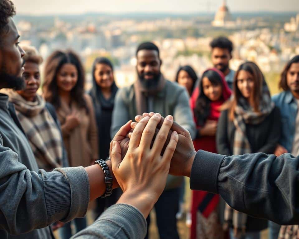 A diverse group of individuals, united by their faith, stand together advocating for the marginalized and the vulnerable. In the foreground, hands clasp in solidarity, expressing their commitment to social justice. The middle ground depicts a serene outdoor setting, with natural light illuminating the scene, conveying a sense of hope and spiritual resonance. In the background, a cityscape reflects the larger societal context, where their advocacy efforts aim to create positive change. The atmosphere is one of purposeful determination, grounded in the principles of their shared beliefs. Ultra-realistic photo in natural lighting, 4k detail.