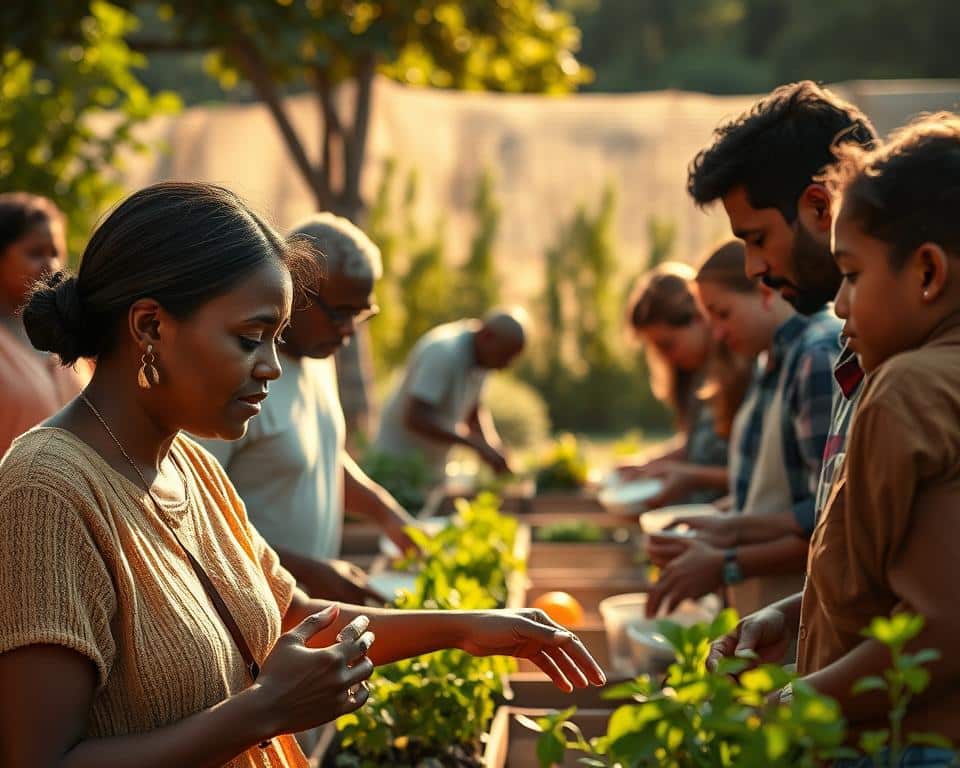A diverse group of people engaged in various acts of compassion and service, illuminated by warm, natural lighting. In the foreground, a young woman tenderly comforts an elderly person, while in the middle ground, a family prepares meals for the less fortunate. In the background, a community garden thrives, symbolizing the growth and renewal that comes from faith-driven volunteering. The scene radiates a sense of spiritual fulfillment, highlighting how religious teachings are brought to life through acts of kindness and generosity.