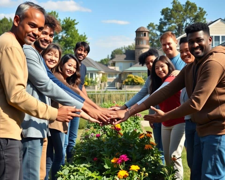 A group of diverse individuals standing together, their hands joined in a show of unity and community service. The foreground features a mix of ages, ethnicities, and backgrounds, their faces exuding a sense of purpose and camaraderie. In the middle ground, the group is surrounded by a vibrant, well-maintained community garden, its lush greenery and colorful flowers reflecting the care and effort they have invested. The background depicts a picturesque neighborhood, with tidy homes and a clear blue sky overhead, conveying a serene and welcoming atmosphere. The lighting is natural and soft, casting a warm glow on the scene and emphasizing the connection between the people and their shared environment. Ultra-realistic photo in 4K detail.