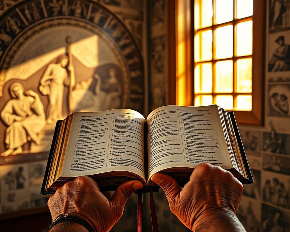 A high-contrast, hyper-realistic photograph of a pair of weathered hands holding an open leather-bound Bible, the pages illuminated by warm natural light streaming through a window. In the background, a mosaic-tiled wall depicts intricate biblical scenes, casting a contemplative, reverent atmosphere. The overall composition conveys a sense of reverence, wisdom, and the profound weightiness of biblical justice.
