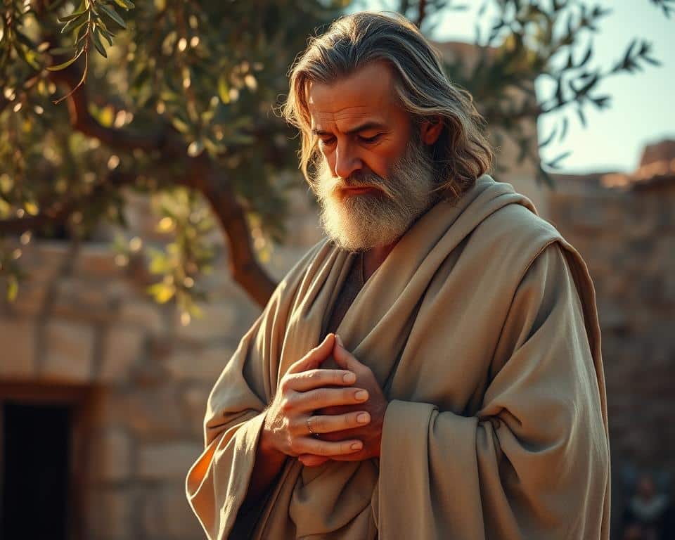 A humble biblical leader stands tall yet stooped, gaze cast downward in contemplation. Warm afternoon light filters through olive trees, casting a pious glow on their weathered countenance. A simple robe drapes their frame, hands clasped before them in a gesture of service. The background blurs into an ancient stone dwelling, a testament to a life of simple devotion rather than worldly power. The scene evokes a sense of quiet strength, wisdom gained through experience, and a willingness to put the needs of others before one's own.