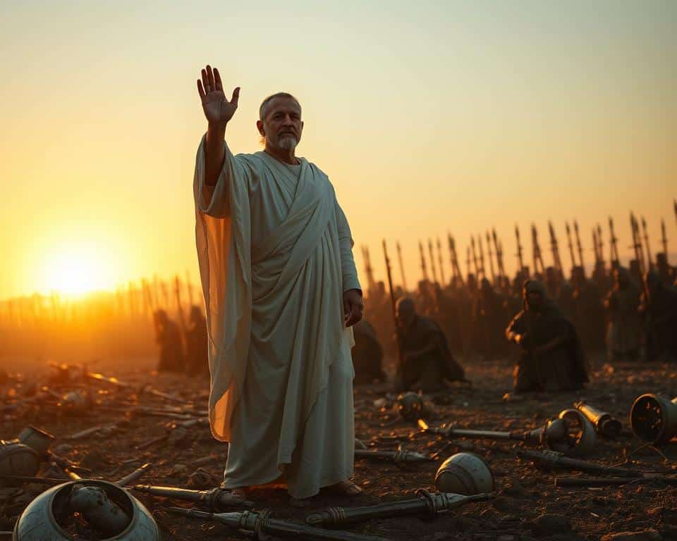 A humble figure, draped in a robe of soft white, stands tall amidst a battlefield strewn with the remnants of war. The setting sun casts a warm, golden glow, illuminating the figure's serene expression as they raise a hand, commanding the chaos to cease. In the background, the towering silhouettes of once-mighty warriors kneel in awe, their weapons discarded, their pride humbled by the power of unwavering compassion. This is a scene of biblical victory, where the true strength lies not in the might of the sword, but in the quiet grace of the soul.