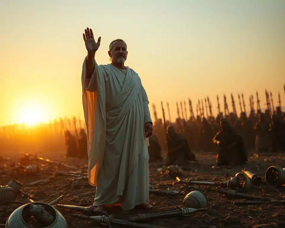 A humble figure, draped in a robe of soft white, stands tall amidst a battlefield strewn with the remnants of war. The setting sun casts a warm, golden glow, illuminating the figure's serene expression as they raise a hand, commanding the chaos to cease. In the background, the towering silhouettes of once-mighty warriors kneel in awe, their weapons discarded, their pride humbled by the power of unwavering compassion. This is a scene of biblical victory, where the true strength lies not in the might of the sword, but in the quiet grace of the soul.