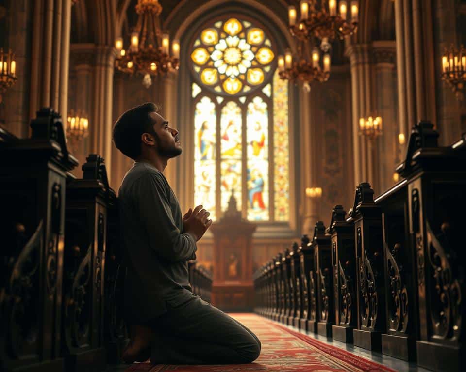A humble person kneeling in prayer, bathed in the warm glow of divine light filtering through a stained glass window. The figure's posture exudes reverence and gratitude, their face uplifted with a serene expression. Intricate details of the ornate church interior - carved wooden pews, ornate chandeliers, and the rich, textured patterns of the stone walls - create a sense of grandeur and sacredness. The lighting is soft and atmospheric, casting a contemplative mood. An ultra-realistic, 4K photograph capturing the profound connection between the humble soul and the grace of the Almighty.