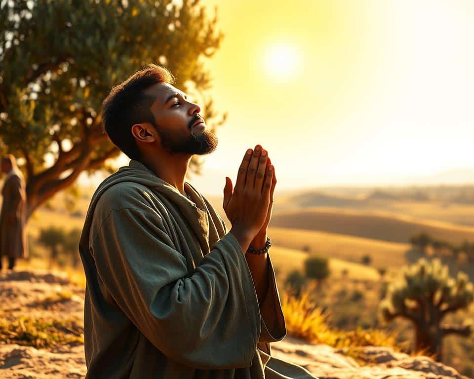 A humble servant kneeling in prayer, hands uplifted, surrounded by a radiant halo of divine light. In the background, a serene biblical landscape with rolling hills, olive trees, and a distant city. The scene is bathed in warm, natural sunlight, creating a sense of reverence and devotion. The subject's expression reflects inner peace and unwavering faith, embodying the essence of servant leadership as seen in the teachings of the Bible.