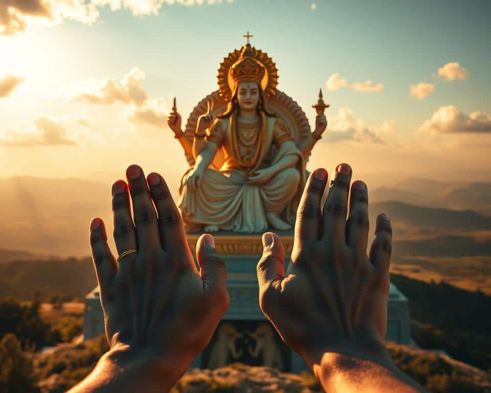 A majestic, all-knowing deity seated on a celestial throne, radiating divine wisdom and power. In the foreground, a pair of open palms symbolizing surrender and submission to the sovereign will. The middle ground depicts a serene, cloud-filled sky, bathed in warm, golden light. In the background, a vast, awe-inspiring landscape of rolling hills and distant mountains, conveying the grandeur and omnipotence of the Almighty. The overall scene exudes a sense of reverence, trust, and unwavering faith in God's guiding hand in the decision-making process.