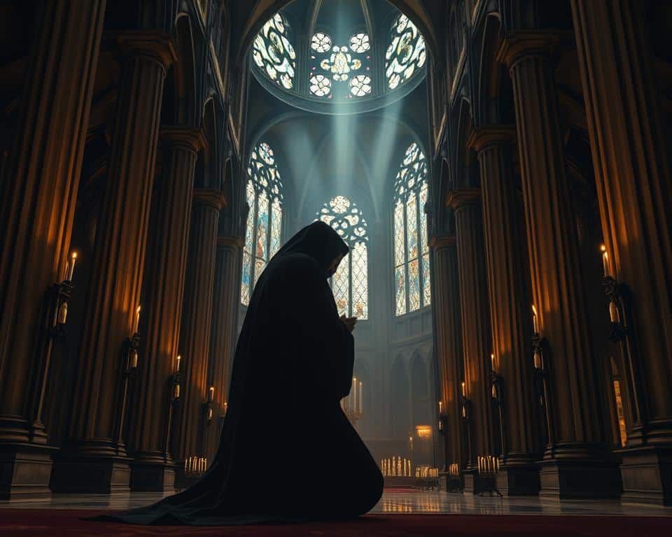 A majestic cathedral interior, warm candlelight illuminating ornate stained glass windows. In the foreground, a figure in a flowing robe kneels in reverent prayer, their face shrouded in contemplative shadow. Behind them, towering columns support a vaulted ceiling, the atmosphere imbued with a profound sense of awe and sacred wisdom. Beams of ethereal light pierce the gloom, guiding the viewer towards the heart of this hallowed space. An ultra-realistic, 4K photographic quality captures every intricate detail, the mood solemn yet tranquil, inviting deep reflection on the fear of the Lord and the foundation of true wisdom.