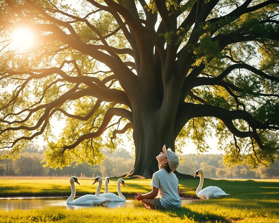 A majestic oak tree stands tall, its branches stretching heavenward, casting a warm, dappled glow over a tranquil meadow. Sunlight filters through the leaves, illuminating a serene pond where a family of swans glides gracefully. In the foreground, a child sits cross-legged, their face turned upward, eyes filled with wonder as they contemplate the beauty and complexity of the natural world, a metaphor for the profound wisdom that lies within God's divine creation. The scene radiates a sense of peace, harmony, and the inherent understanding that the Almighty's plans transcend the limitations of human understanding.