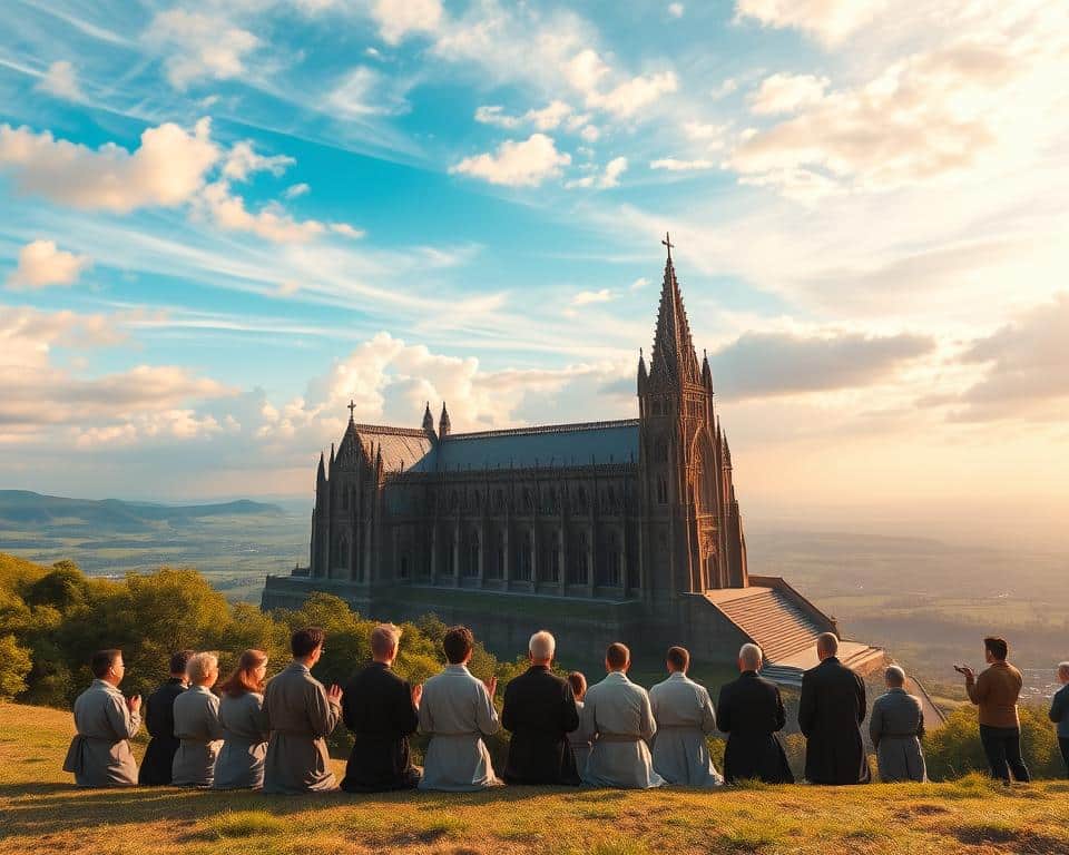 A massive cathedral stands atop a rolling hillside, its intricate gothic architecture bathed in warm sunlight. In the foreground, a group of devout missionaries, robed in traditional garb, kneel in prayer, their faces uplifted with unwavering faith. In the middle ground, a vast expanse of lush, verdant landscape unfolds, hinting at the global reach of their mission. The sky above is a breathtaking blend of vibrant hues, evoking the divine inspiration that guides their righteous cause. The scene exudes a sense of timeless reverence, capturing the biblical foundation that underpins the pursuit of global evangelism.