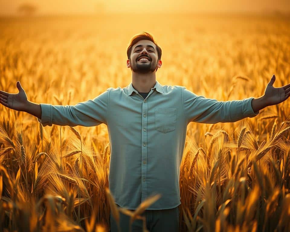 A person standing in a field of wheat, their arms outstretched, face illuminated by the warm, golden sunlight filtering through the swaying stalks. The individual's posture exudes a sense of serene contemplation, their expression conveying a profound connection to the natural world and a deep inner peace. The composition emphasizes the individual's small but significant presence within the expansive landscape, symbolizing the power of faith to transform one's perspective and provide a grounding sense of purpose in the face of life's challenges.