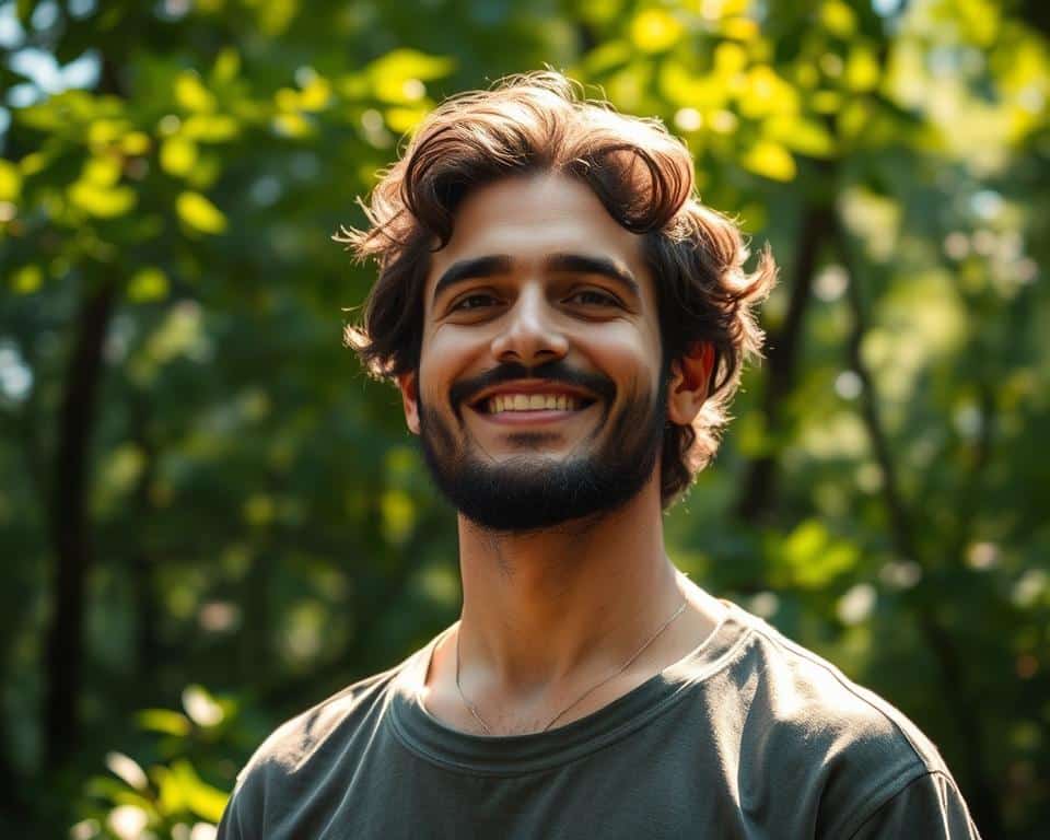 A person standing in a peaceful, natural setting, their face radiant with an expression of profound faith and inner peace. Sunlight filters softly through the leaves of a lush, verdant forest, casting a warm, serene glow. The subject's posture is upright and confident, conveying a sense of unwavering trust in the divine. The image captures the essence of living as an inspiring example of Christian faith, a beacon of hope and spirituality amidst the natural world.