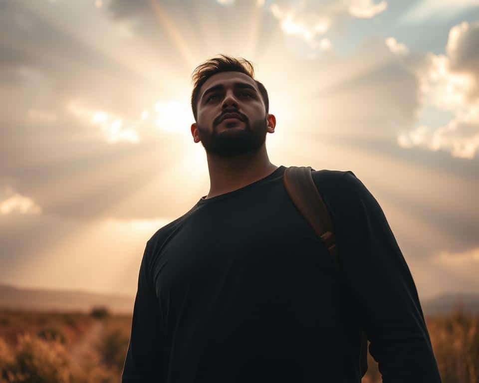 A person standing tall, their gaze fixed with determination, overcoming the shadows of doubt and fear that loom behind them. The warm rays of sunlight pierce through, illuminating their face and conveying a sense of inner strength and resolve. In the foreground, a path leading forward, symbolizing the journey of sharing one's faith despite the challenges. The background fades into a serene, ethereal landscape, hinting at the greater purpose and divine guidance that lies beyond. Captured with a wide-angle lens, the scene evokes a sense of expansiveness and the profound nature of this spiritual undertaking.