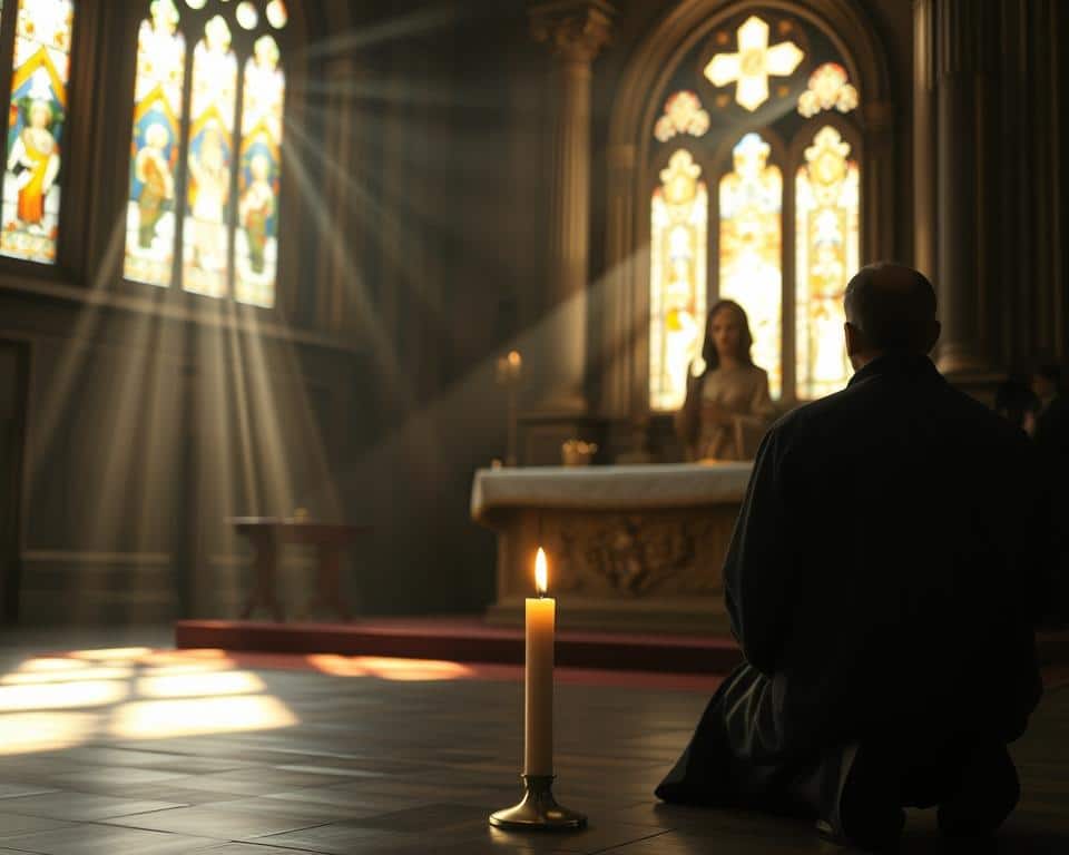 A reverent figure kneeling in a dimly lit church, rays of sunlight filtering through stained glass windows, casting a warm glow on the scene. In the foreground, a single candle flickers, its flame a symbol of the sacrificial nature of faith. The middle ground reveals an ornate altar, adorned with intricate carvings and religious iconography, conveying the profound significance of devotion. The background fades into a sense of contemplative solitude, inviting the viewer to reflect on the deeper meaning of sacrifice within the context of spiritual belief.