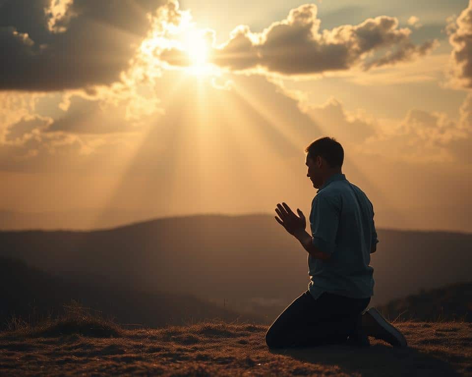 A serene and contemplative scene, bathed in warm, natural light filtering through clouds. In the foreground, a person kneels in prayer, hands clasped, expression of peaceful surrender. Behind them, a radiant celestial beam of light shines down, guiding the way forward. The background is a tranquil landscape, rolling hills, and a vast sky filled with a subtle, heavenly glow. The overall mood is one of divine guidance, trust, and the assurance of God's presence in the midst of life's difficult decisions.