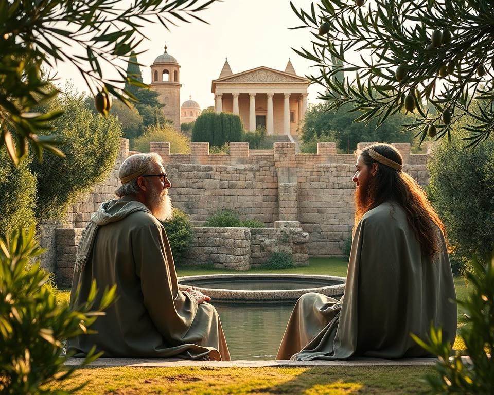 A serene biblical garden, lush with verdant foliage and a calming pond. In the foreground, two figures sit facing each other, their expressions softened by the warm glow of the afternoon sun. Delicate olive branches frame the scene, symbolizing the peace and wisdom they seek to cultivate. The middle ground features an ancient stone wall, weathered by time, a testament to the enduring nature of sacred teachings. In the distance, a majestic temple rises, its spires reaching toward the heavens, a reminder of the divine guidance that illuminates the path to conflict resolution. Ultra-realistic photo in natural lighting, 4k detail.