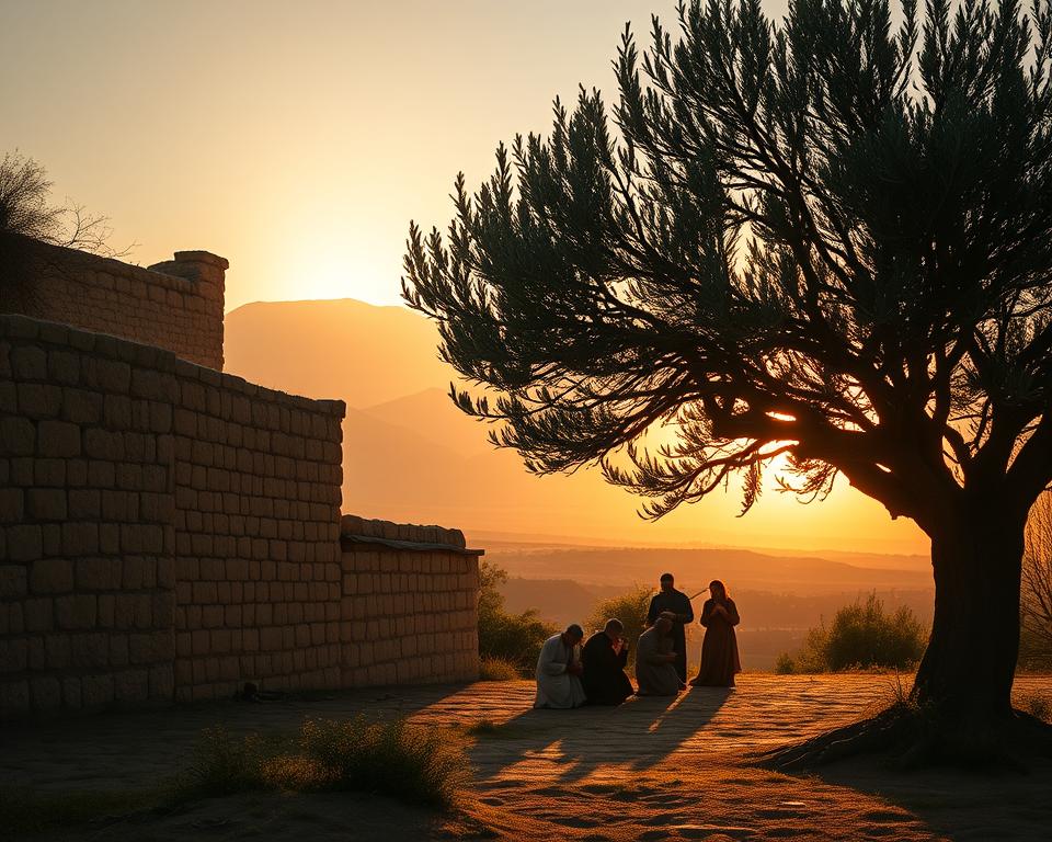 A serene biblical landscape, bathed in the warm glow of the setting sun. In the foreground, a majestic olive tree stands tall, its gnarled branches casting intricate shadows across the weathered stone walls. In the middle ground, a group of devout figures kneel in prayer, their robes flowing gracefully as they commune with the divine. In the distance, a towering mountain range rises, its peaks kissed by the fading light, symbolizing the timeless, eternal nature of God's plan. The scene exudes a sense of reverence and awe, inviting the viewer to reflect on the perfect timing of the Almighty's guidance throughout the ages.