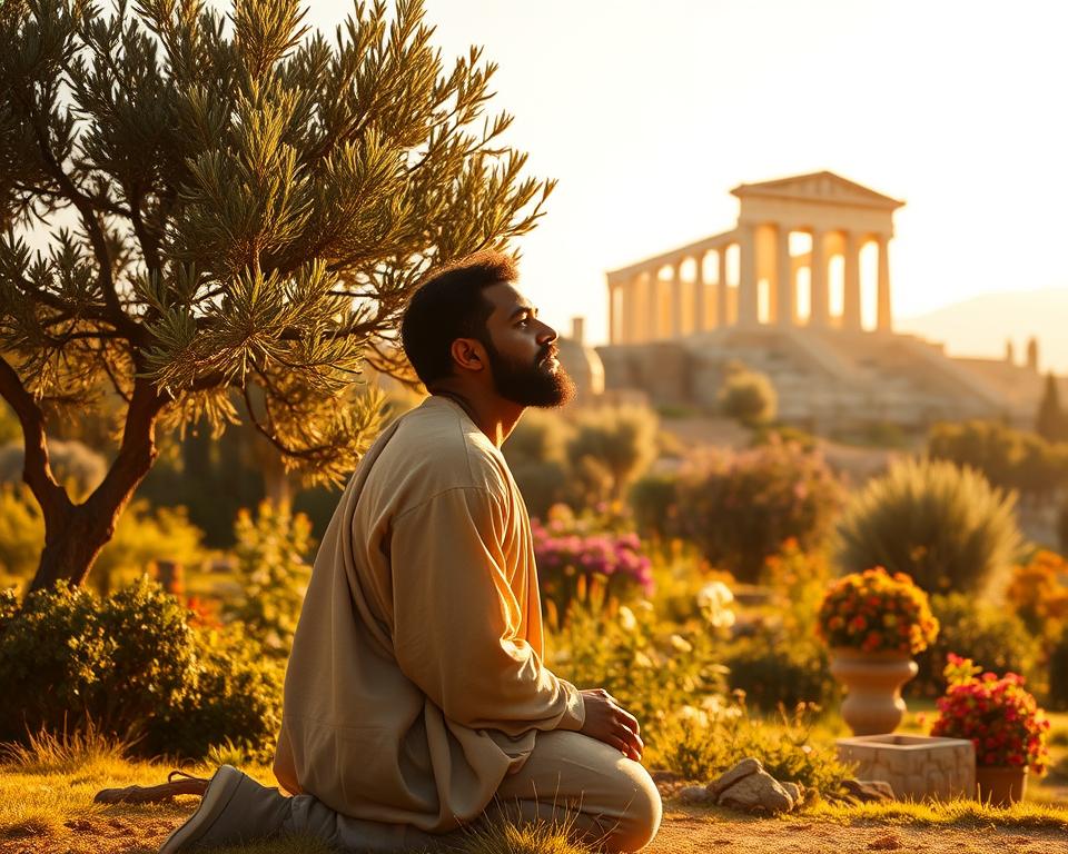A serene biblical landscape, bathed in warm golden light. In the foreground, a figure kneels in contemplation, their face radiating a sense of patience and inner peace. Behind them, a lush garden with ancient olive trees and vibrant flowers, symbolizing the fruits of patience and wisdom. In the distance, a majestic temple stands tall, its grandeur evoking the timeless teachings of the scriptures. The scene is captured with a cinematic lens, creating a sense of depth and reverence, inviting the viewer to reflect on the virtues of patience as a guiding principle in the pursuit of biblical wisdom.