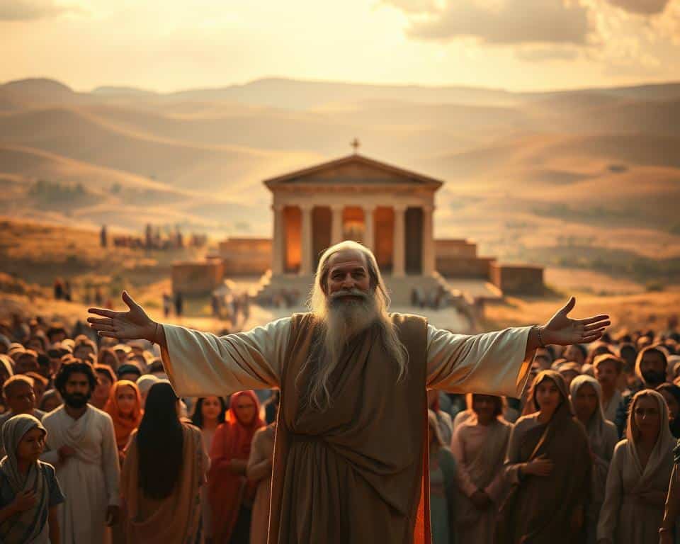 A serene biblical scene, illuminated by warm, natural lighting. In the foreground, a wise, compassionate figure stands with arms outstretched, embodying justice and mercy. Behind them, a humble crowd gathers, faces alight with hope and reverence. In the middle ground, a grand, ornate temple rises, its architecture a testament to the majesty of the divine. The background is filled with rolling hills and a vast, open sky, conveying a sense of boundless grace and the infinite nature of God's love. The composition radiates a harmonious balance between power and tenderness, majesty and humility, reflecting the core tenets of biblical social justice.