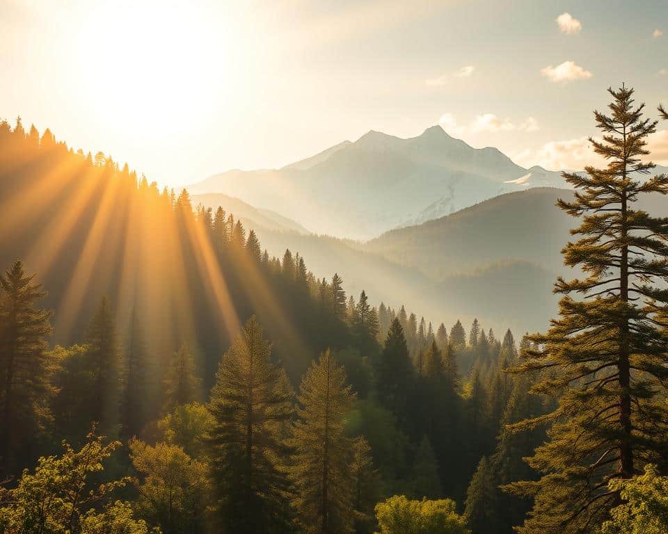 A serene, ethereal landscape bathed in warm, divine light. In the foreground, a figure radiates an otherworldly presence, their face cast in a pensive, contemplative expression, exuding a sense of profound understanding and insight. The middle ground features a lush, verdant forest, its trees reaching skyward, their branches swaying gently in a soft breeze. In the distance, a majestic, snow-capped mountain range stands tall, its peaks seemingly touching the heavens. The entire scene conveys a sense of profound wisdom, tranquility, and a deep connection to the divine.
